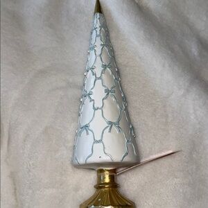 Cupcakes and cashmere Christmas Tree w blue bows across white cone & gold base